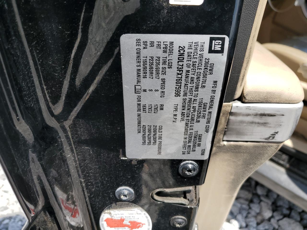 2007 Chevrolet Equinox Lt VIN: 2CNDL73FX76075996 Lot: 68057714