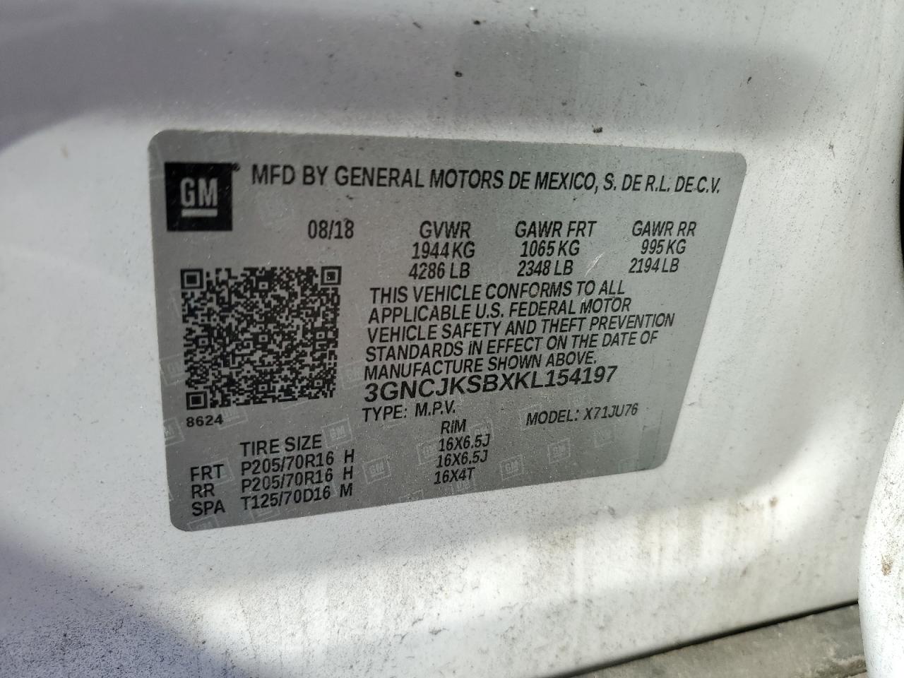 3GNCJKSBXKL154197 CHEVROLET TRAX 2019
