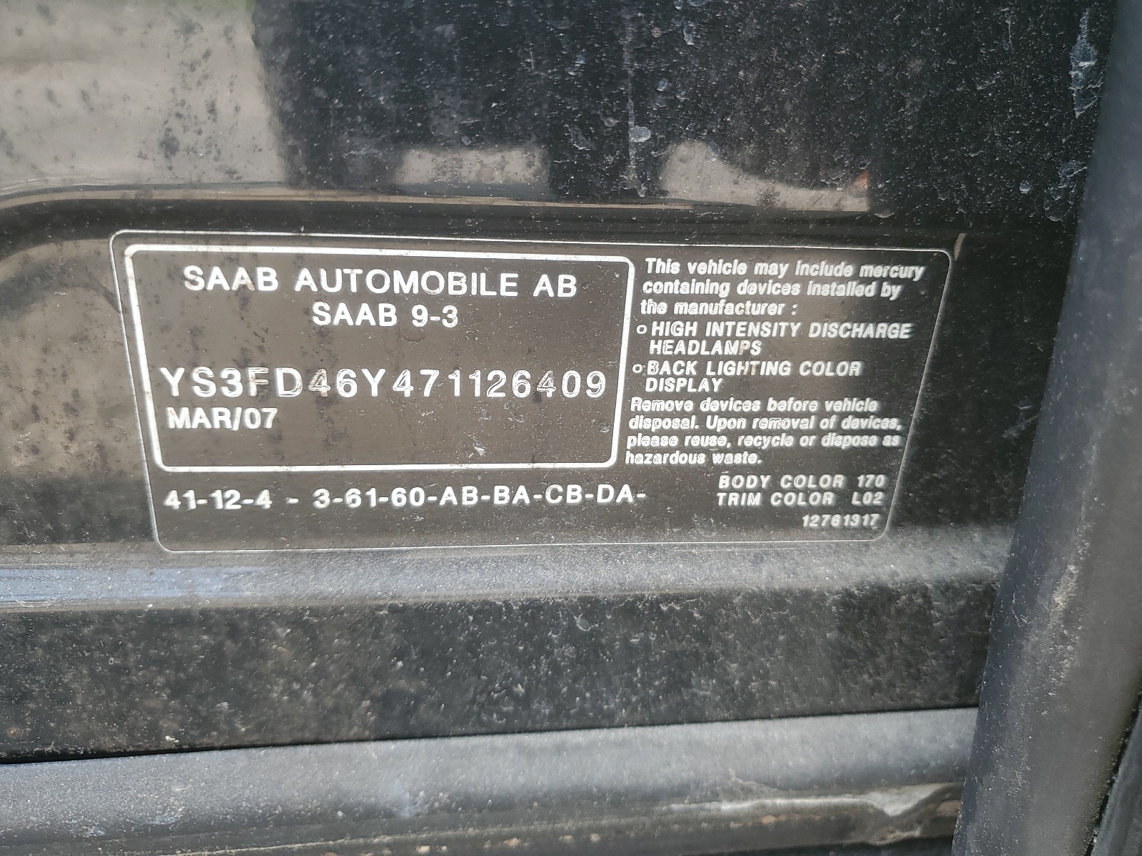 YS3FD46Y471126409 2007 Saab 9-3 2.0T