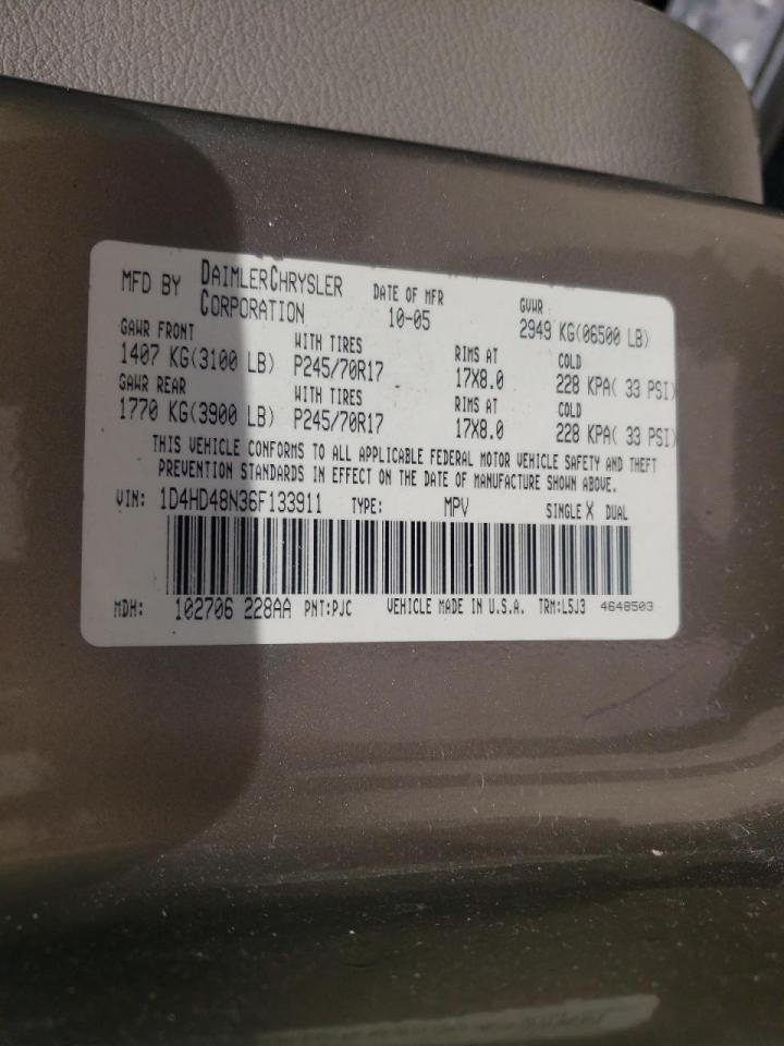 2006 Dodge Durango Slt VIN: 1D4HD48N36F133911 Lot: 67738734