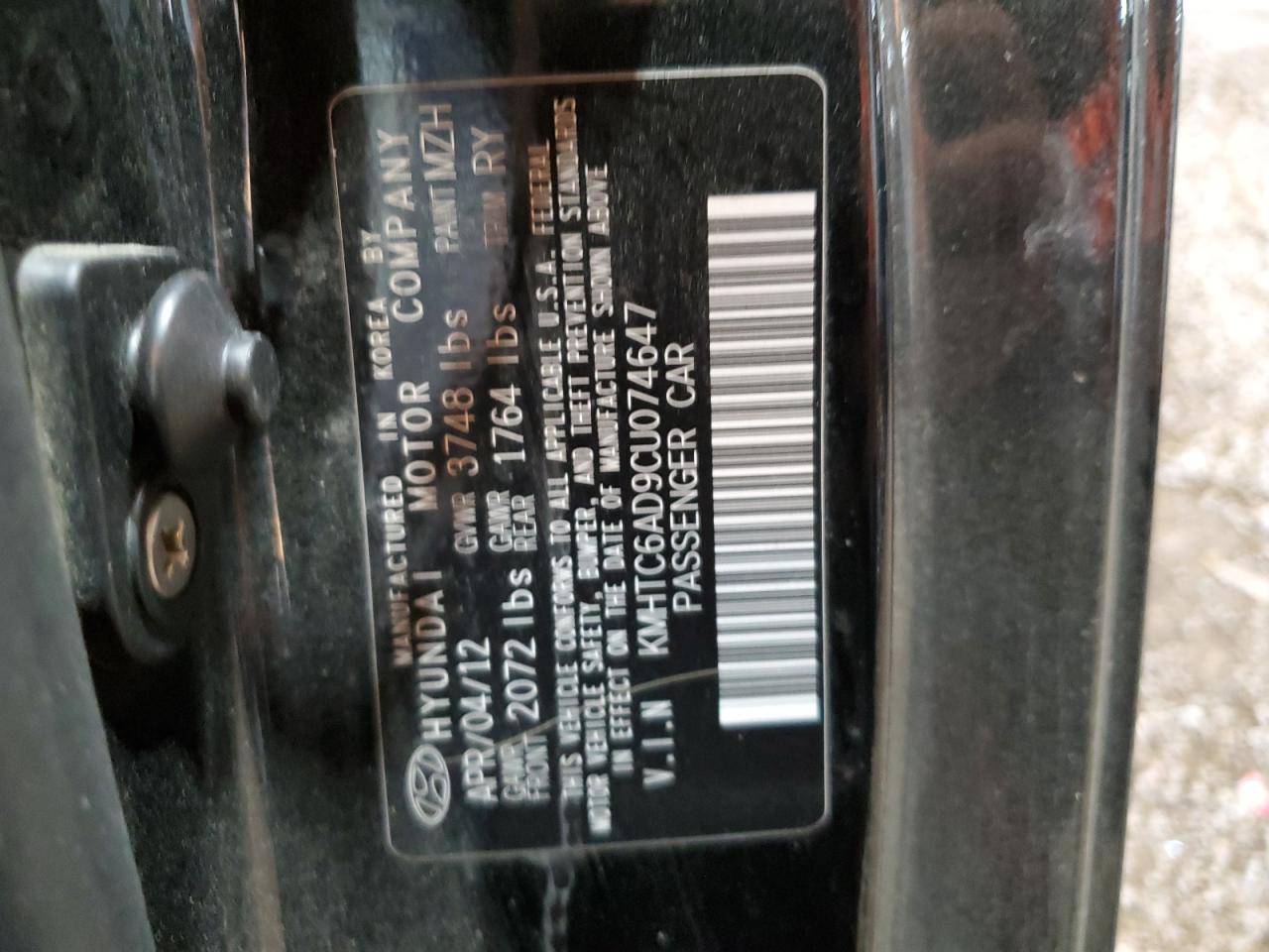 2012 Hyundai Veloster VIN: KMHTC6AD9CU074647 Lot: 68179104