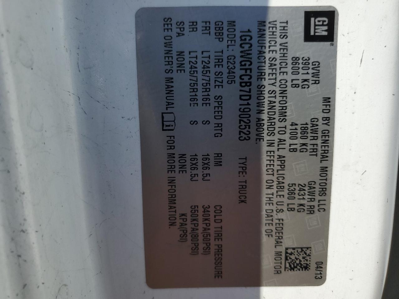 2013 Chevrolet Express G2500 VIN: 1GCWGFCB7D1902523 Lot: 68659694