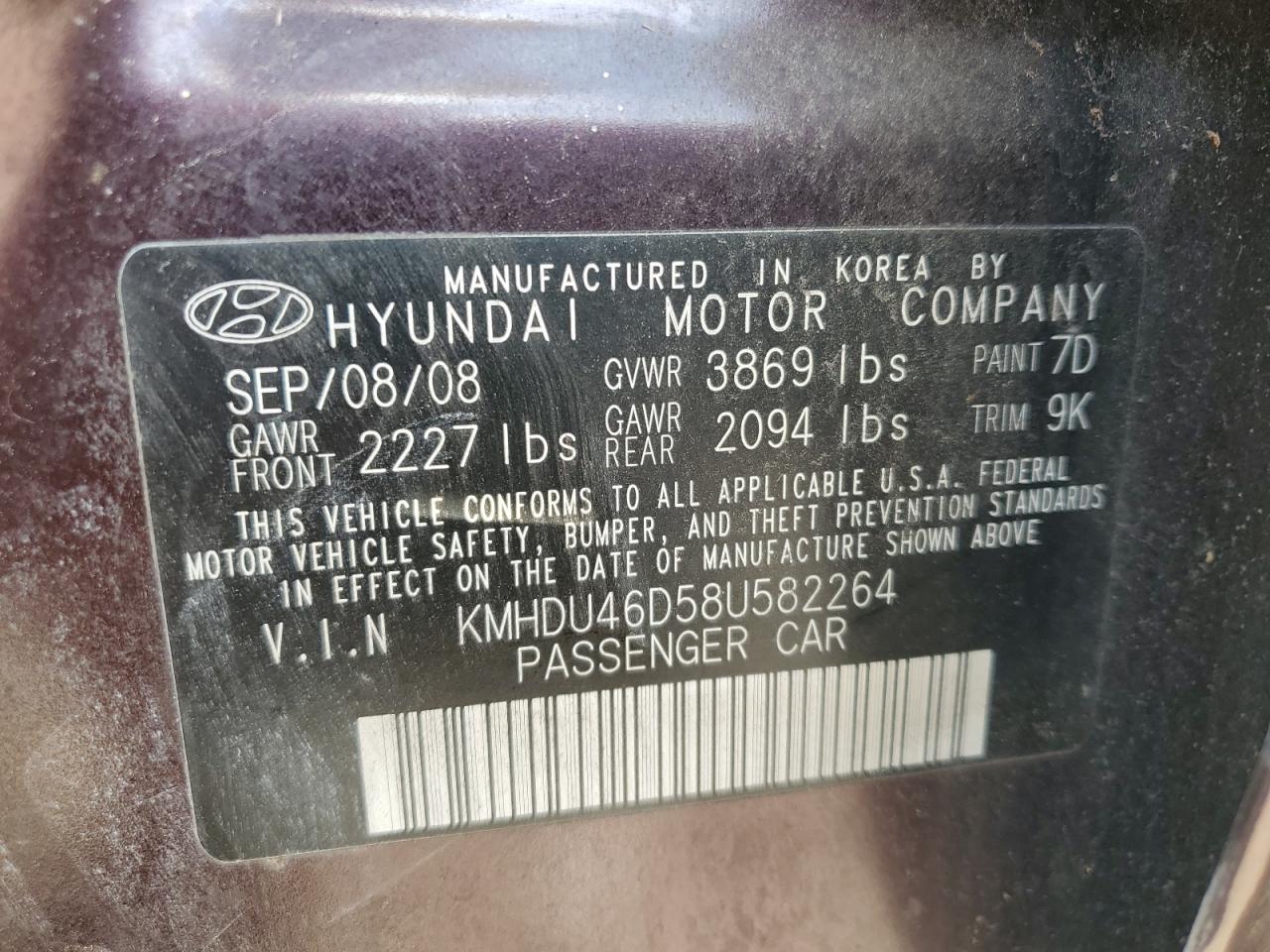 2008 Hyundai Elantra Gls VIN: KMHDU46D58U582264 Lot: 64077864