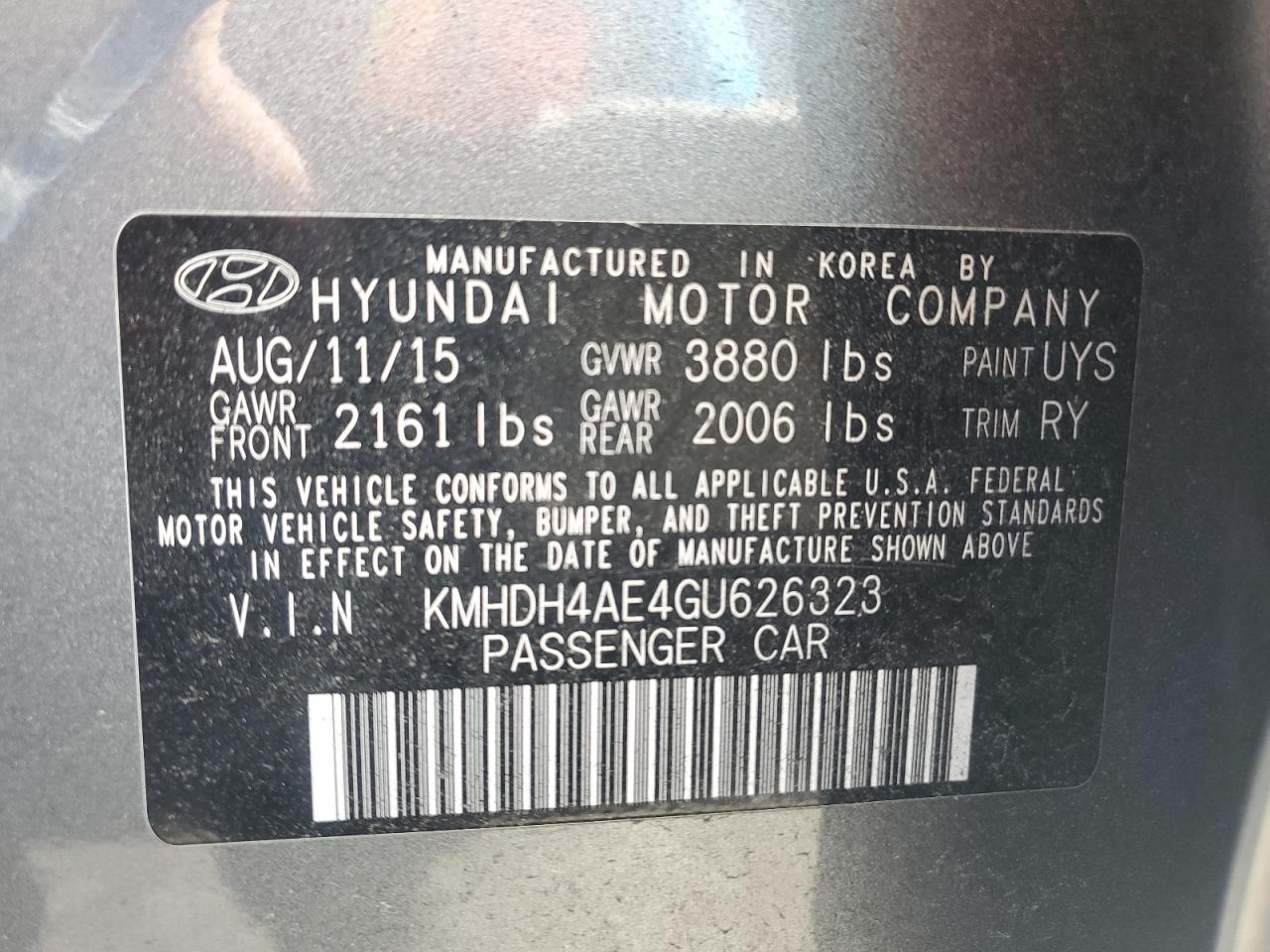 2016 Hyundai Elantra Se VIN: KMHDH4AE4GU626323 Lot: 67380304