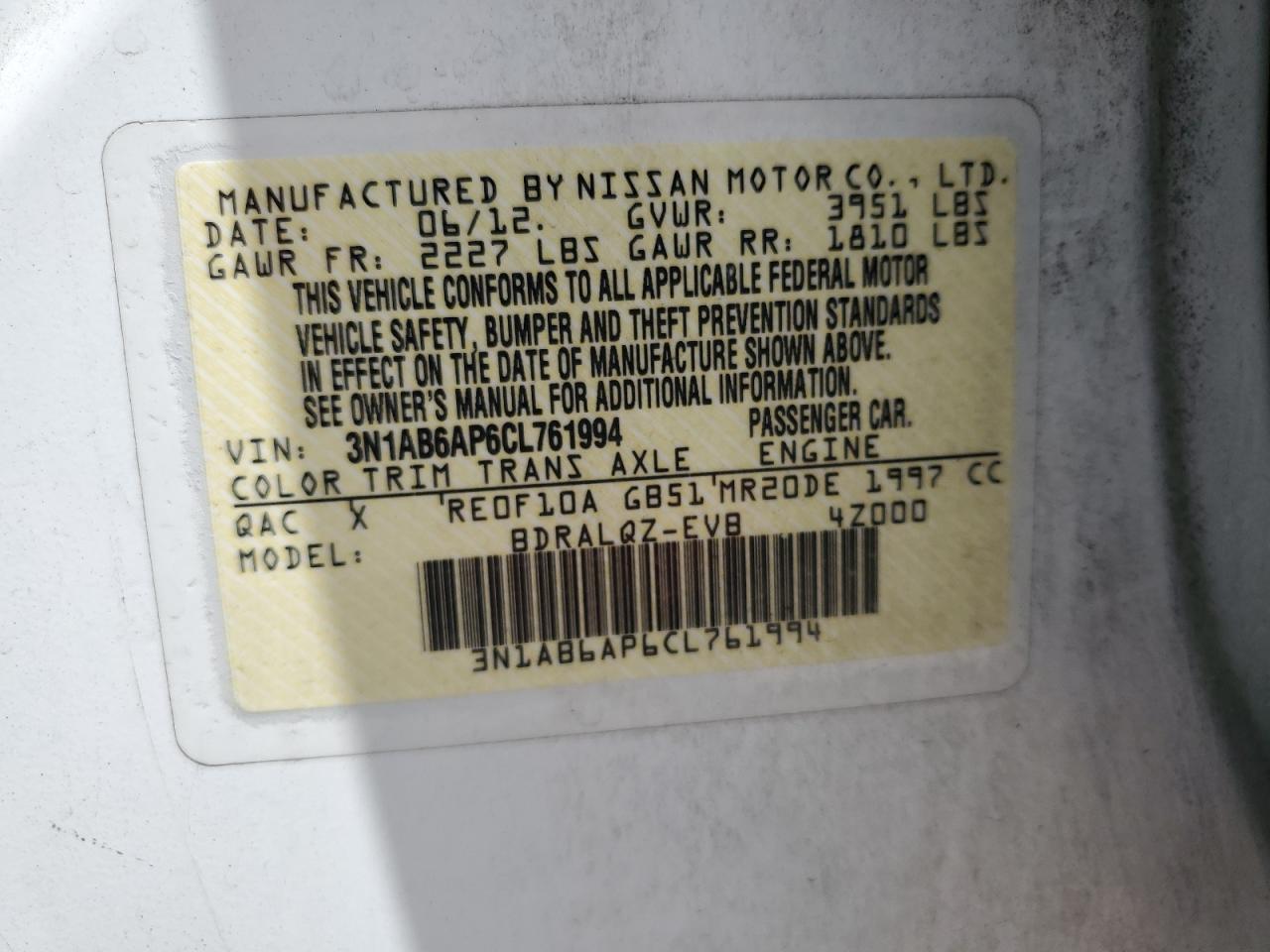 3N1AB6AP6CL761994 2012 Nissan Sentra 2.0