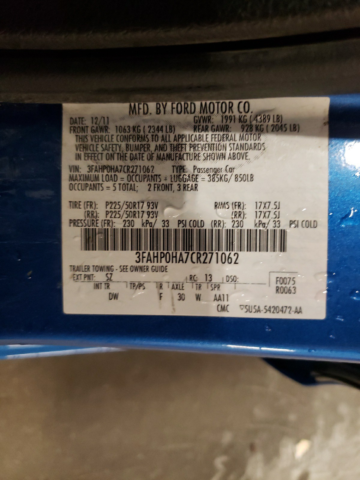 3FAHP0HA7CR271062 2012 Ford Fusion Se