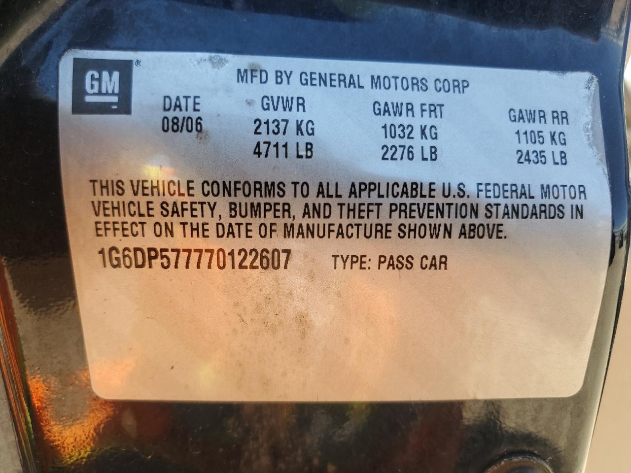 2007 Cadillac Cts Hi Feature V6 VIN: 1G6DP577770122607 Lot: 67281844