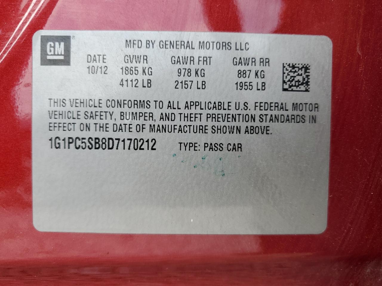 1G1PC5SB8D7170212 2013 Chevrolet Cruze Lt