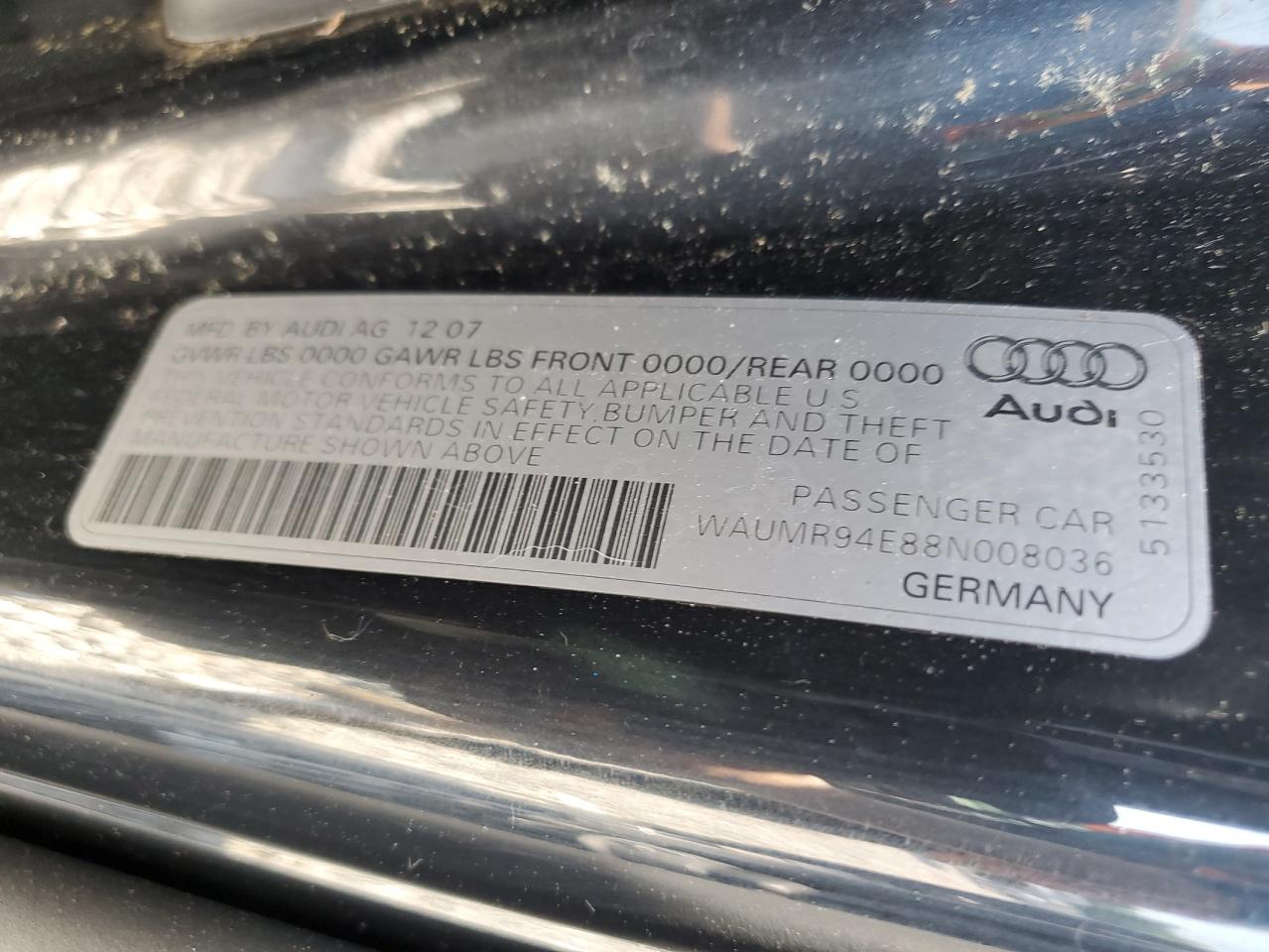 2008 Audi A8 L W12 Quattro VIN: WAUMR94E88N008036 Lot: 66100914