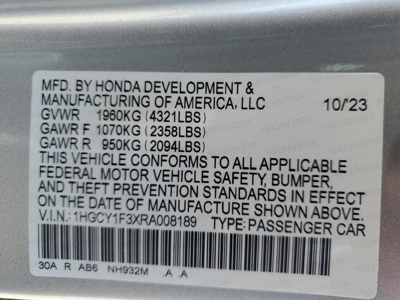 2024 Honda Accord Ex VIN: 1HGCY1F3XRA008189 Lot: 68633534