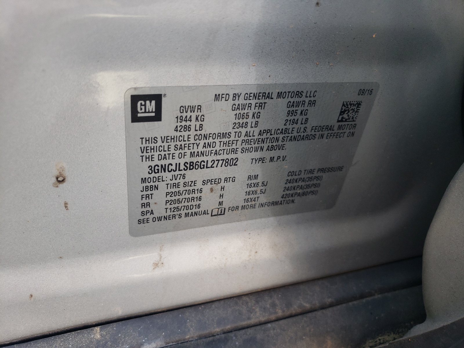 3GNCJLSB6GL277802 2016 Chevrolet Trax 1Lt