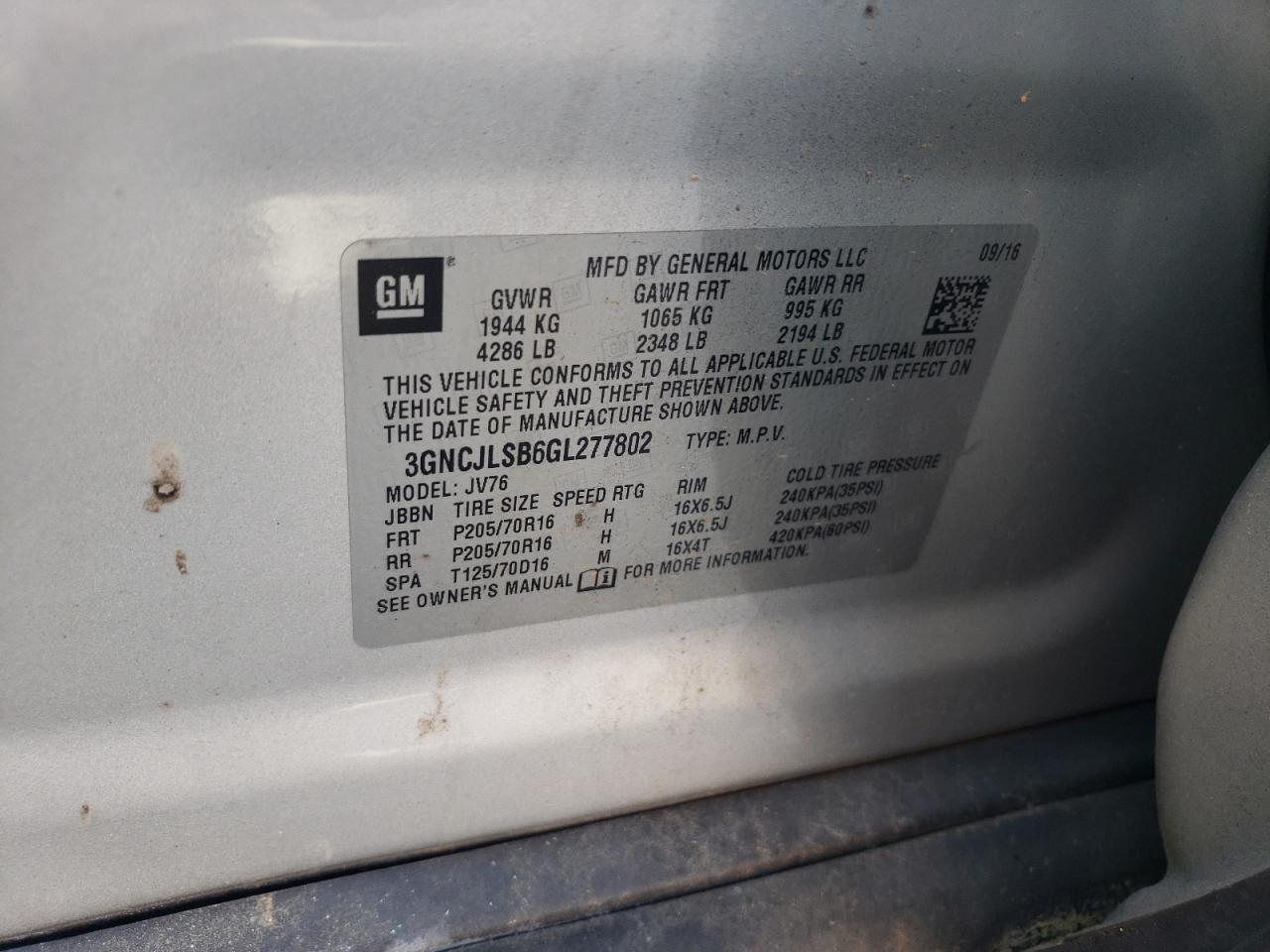 2016 Chevrolet Trax 1Lt VIN: 3GNCJLSB6GL277802 Lot: 66804964