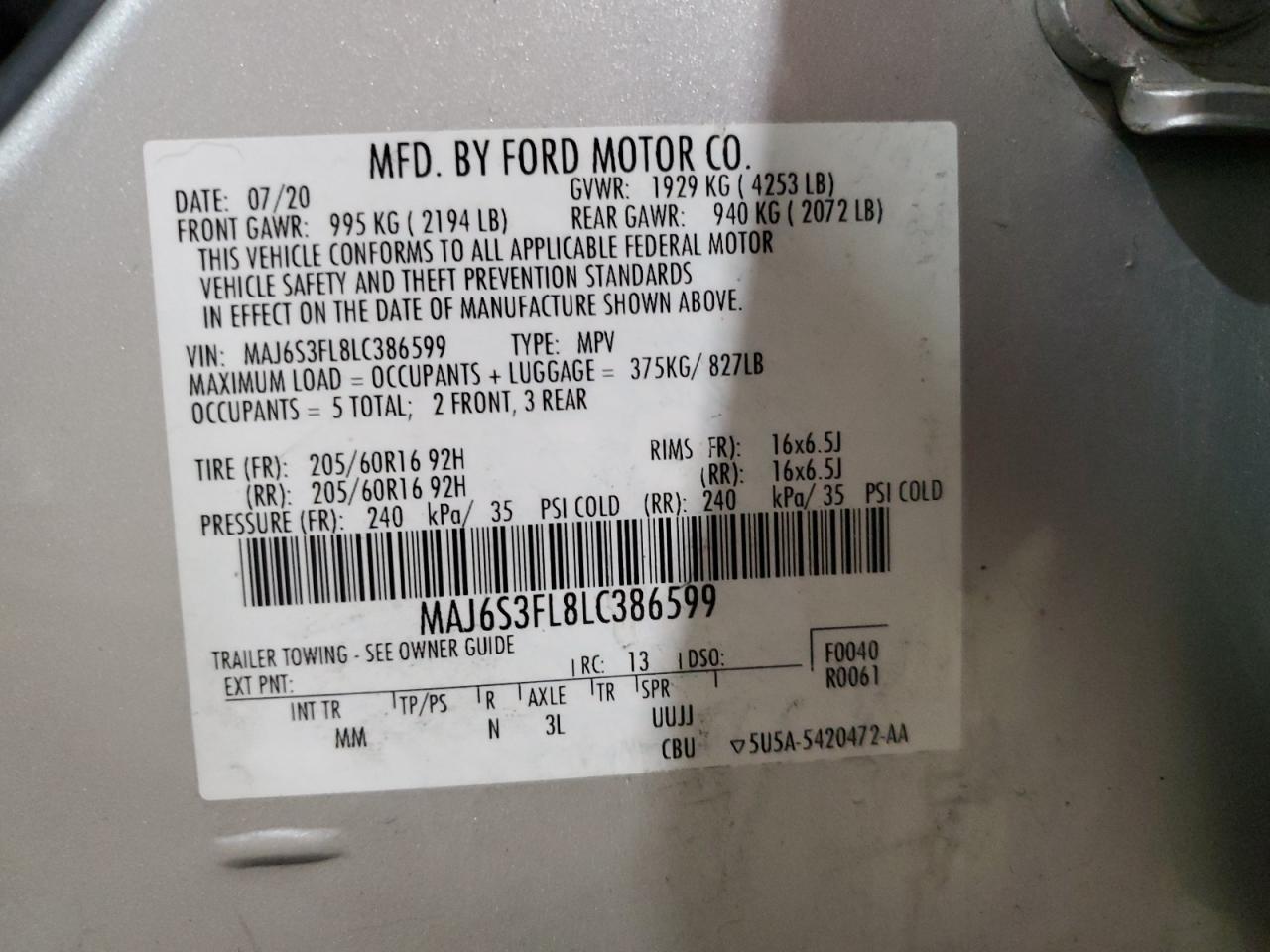 2020 Ford Ecosport S VIN: MAJ6S3FL8LC386599 Lot: 67112844
