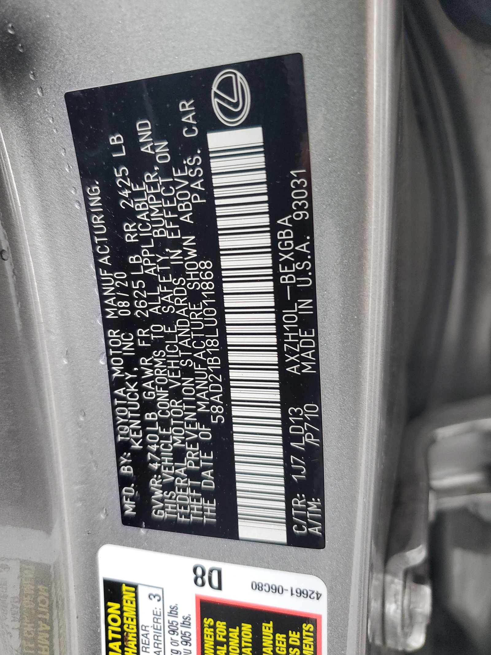 58AD21B18LU011868 2020 Lexus Es 300H