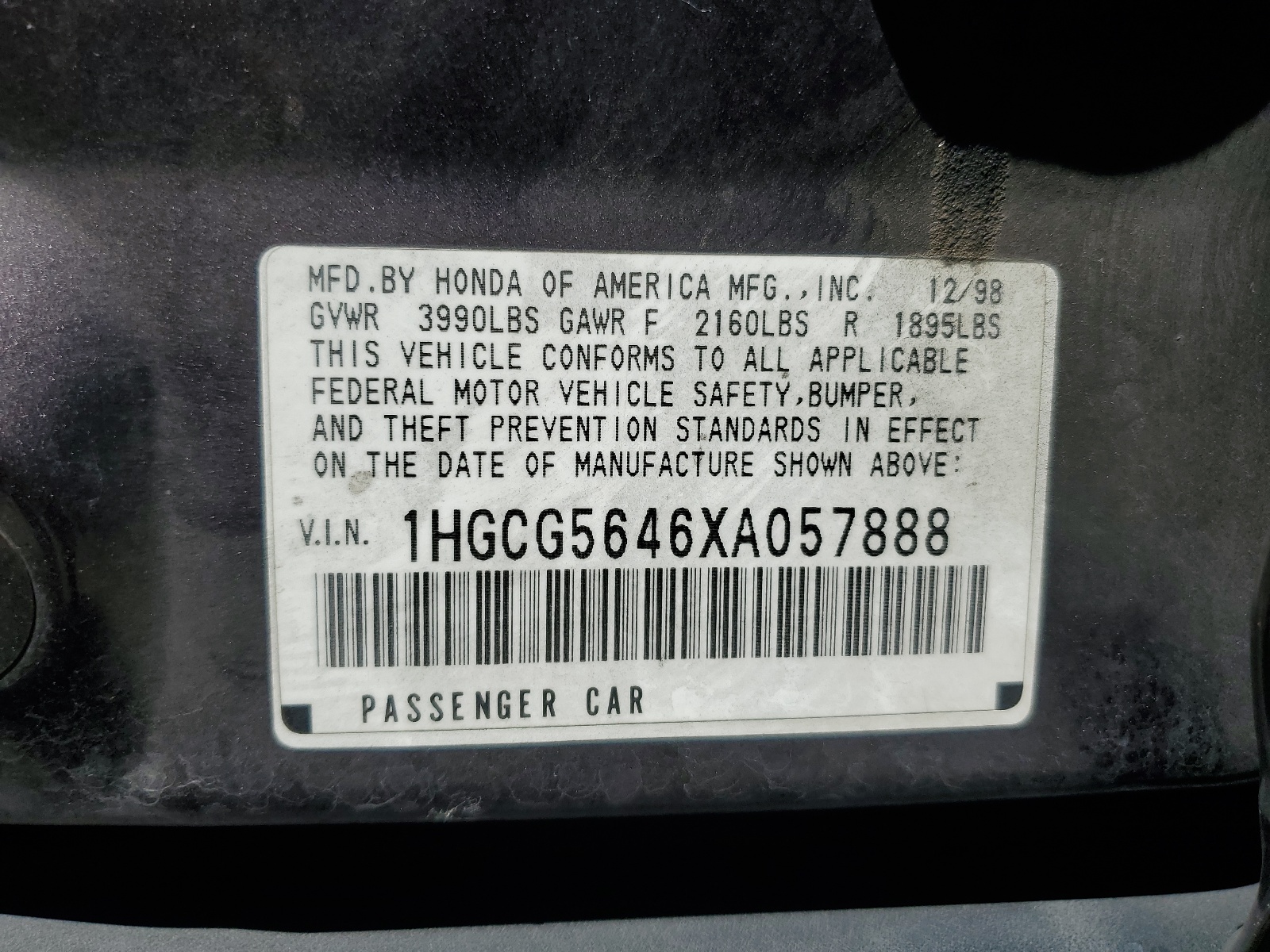 1HGCG5646XA057888 1999 Honda Accord Lx