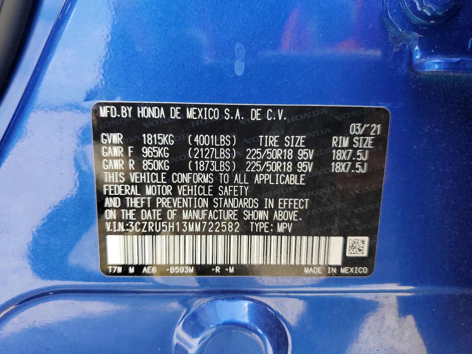 3CZRU5H13MM722582 2021 Honda Hr-V Sport