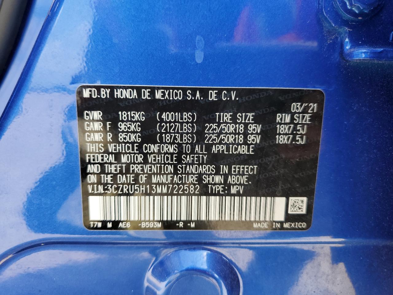 2021 Honda Hr-V Sport VIN: 3CZRU5H13MM722582 Lot: 68901784