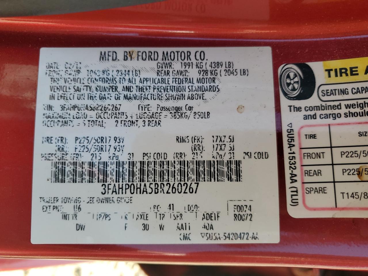 2011 Ford Fusion Se VIN: 3FAHP0HA5BR260267 Lot: 67268154