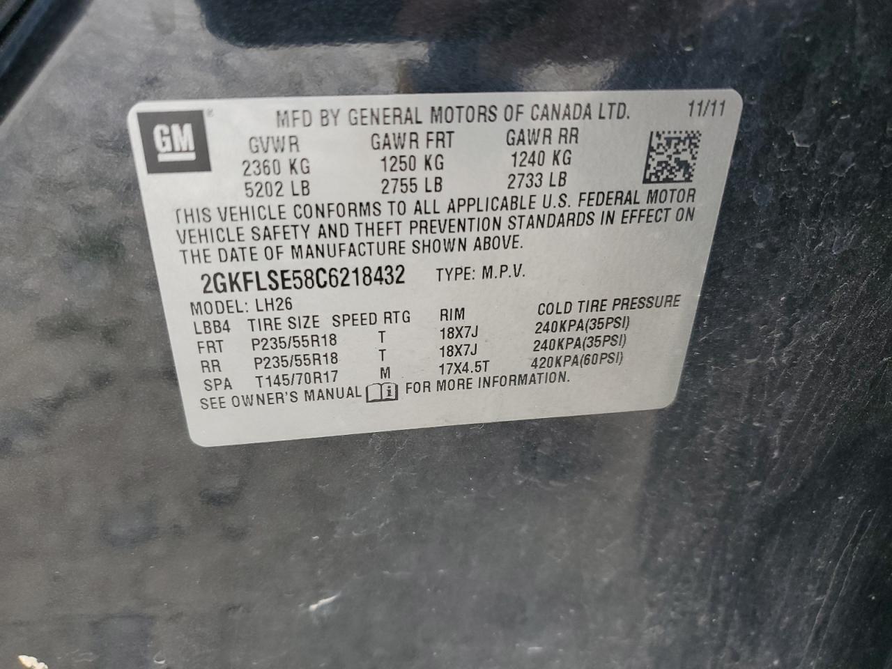 2012 GMC Terrain Sle VIN: 2GKFLSE58C6218432 Lot: 64805054