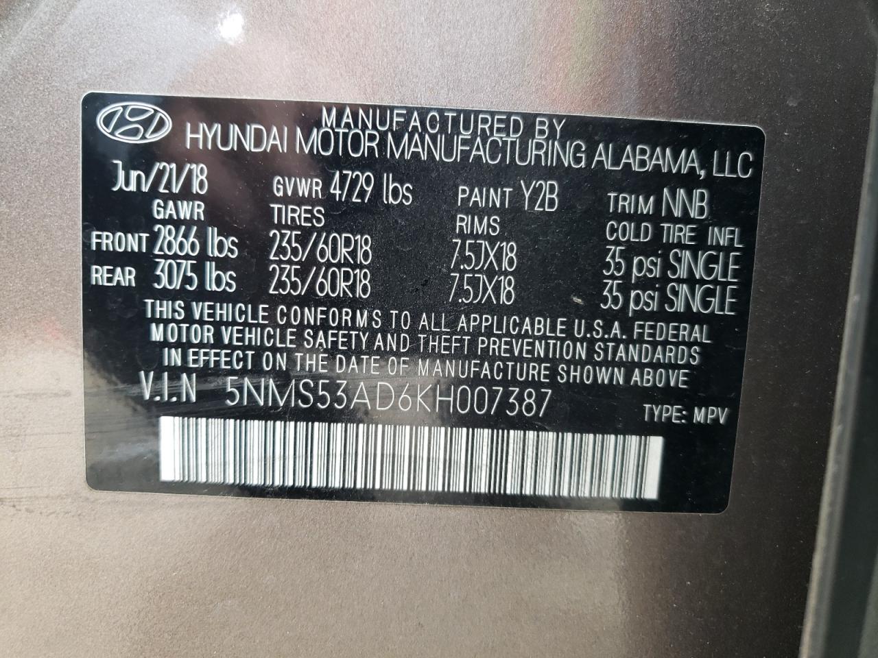 5NMS53AD6KH007387 2019 Hyundai Santa Fe Limited