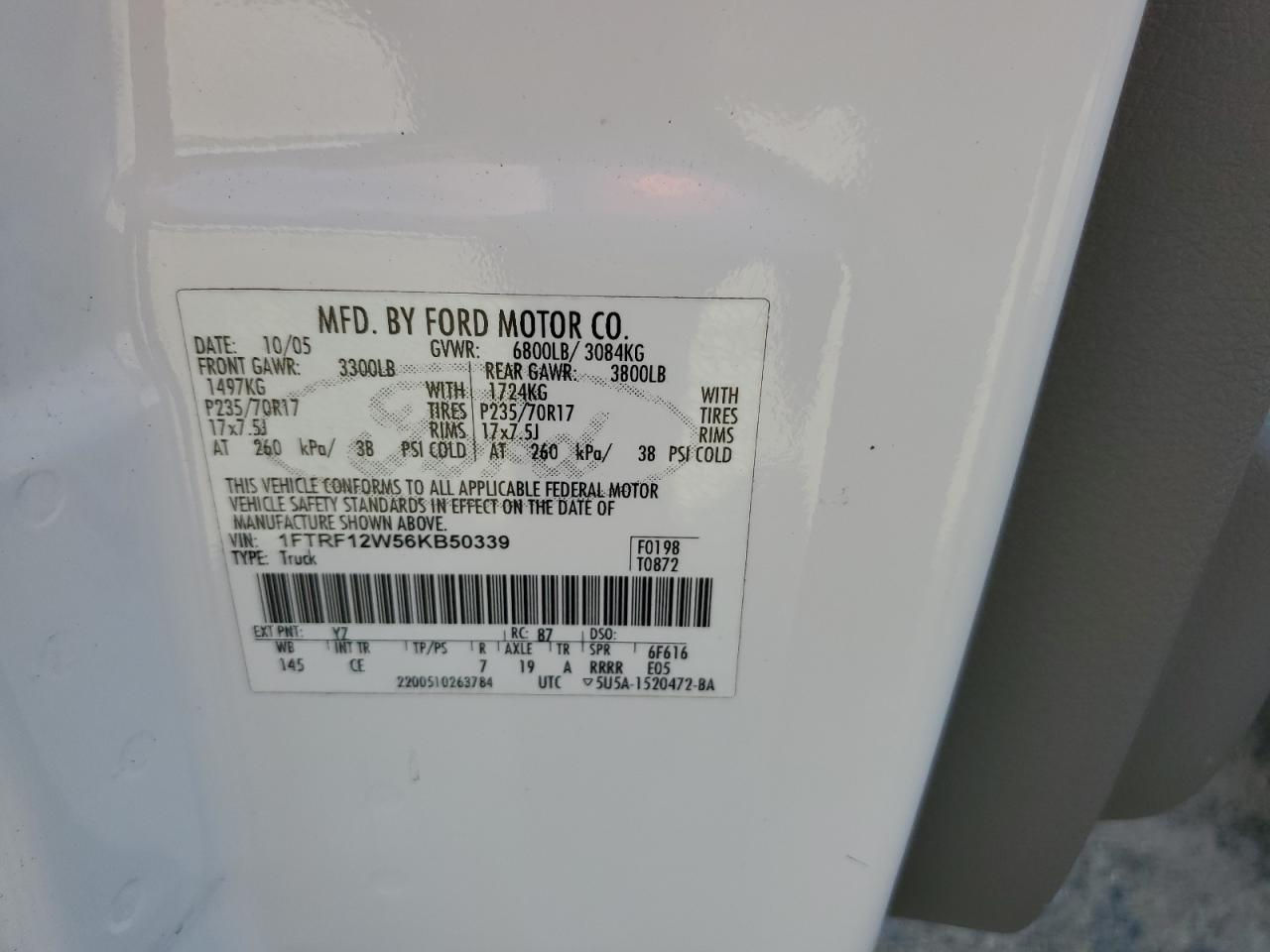 2006 Ford F150 VIN: 1FTRF12W56KB50339 Lot: 66771454