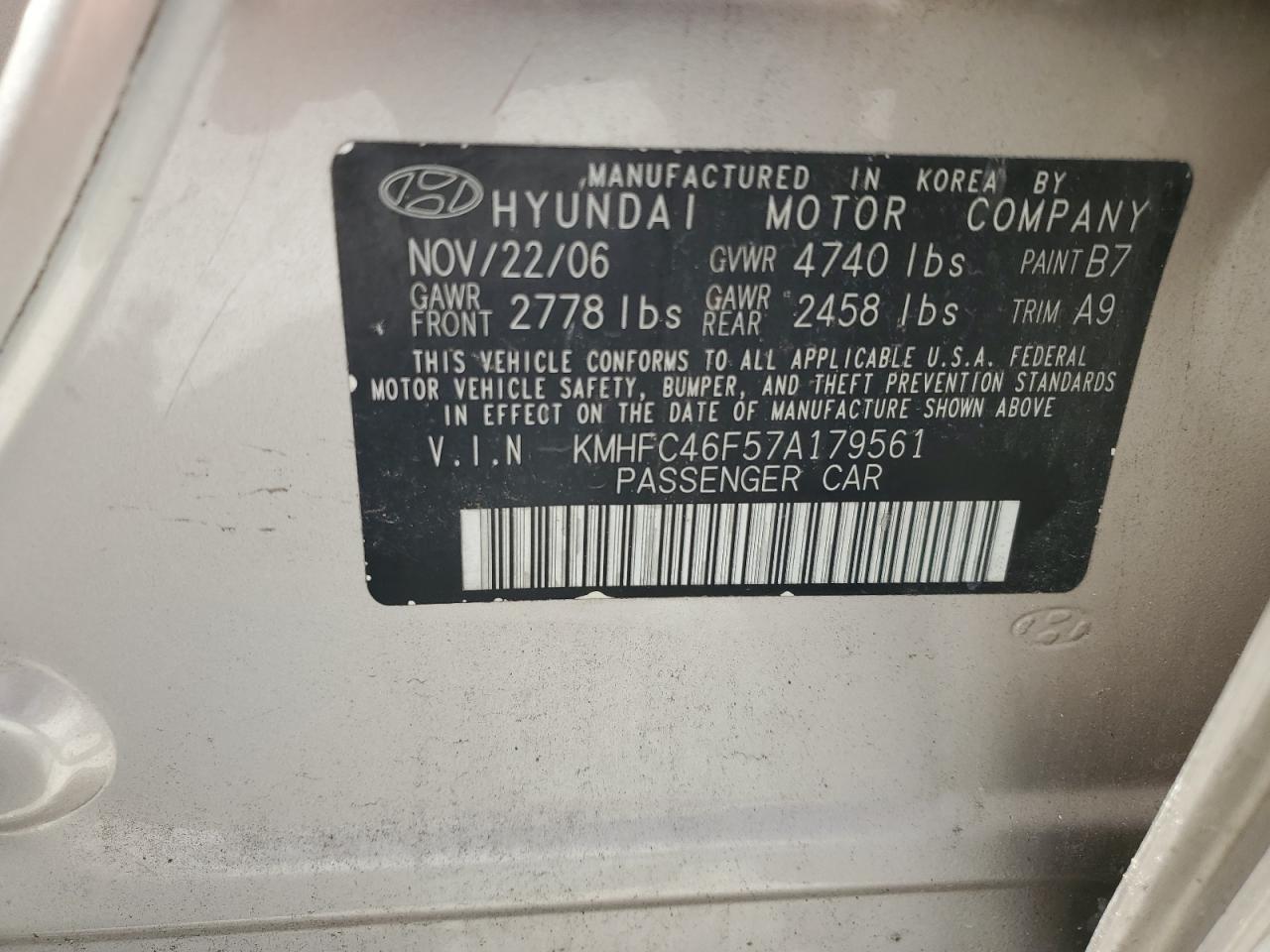 KMHFC46F57A179561 2007 Hyundai Azera Se