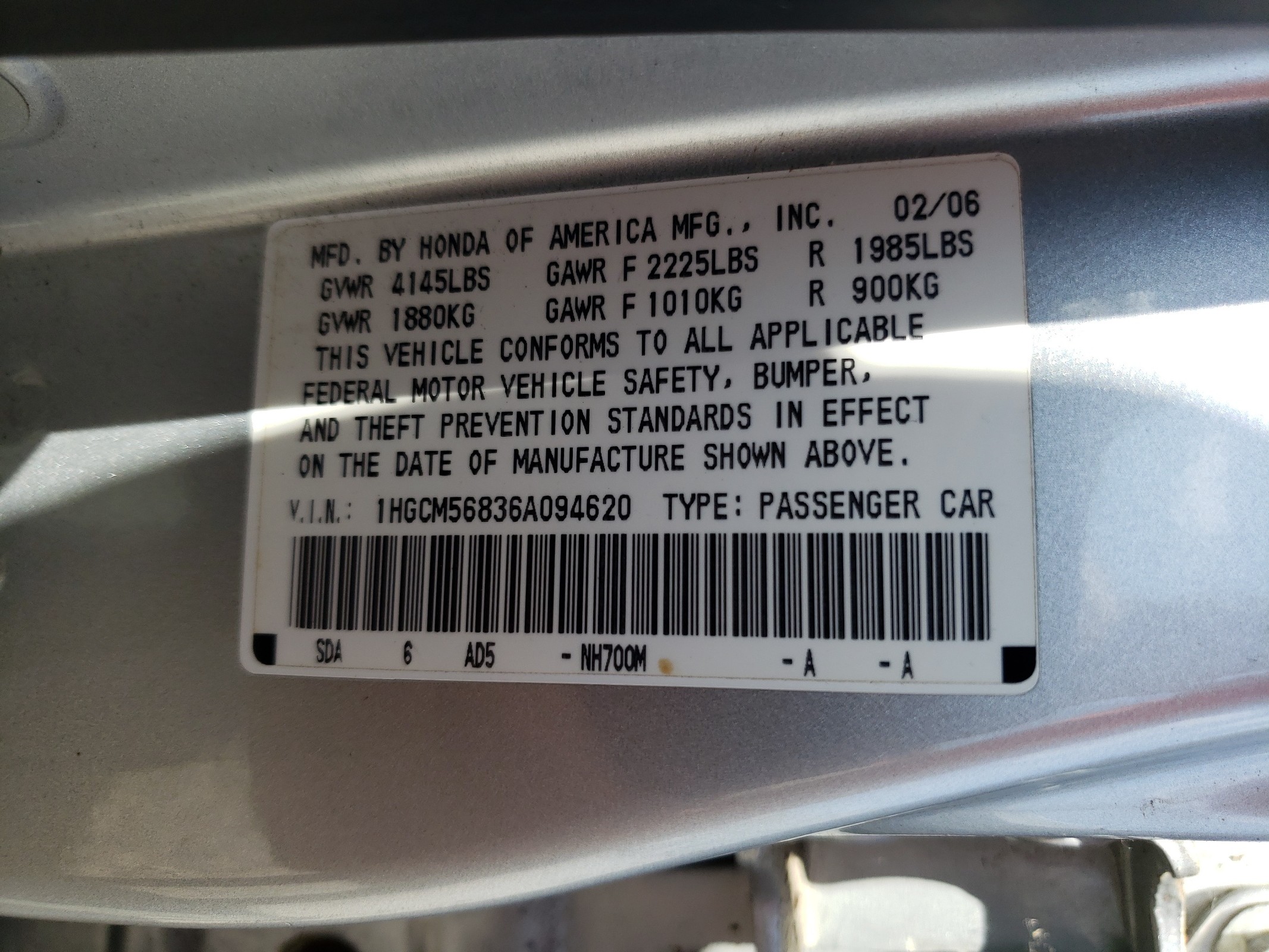 1HGCM56836A094620 2006 Honda Accord Ex