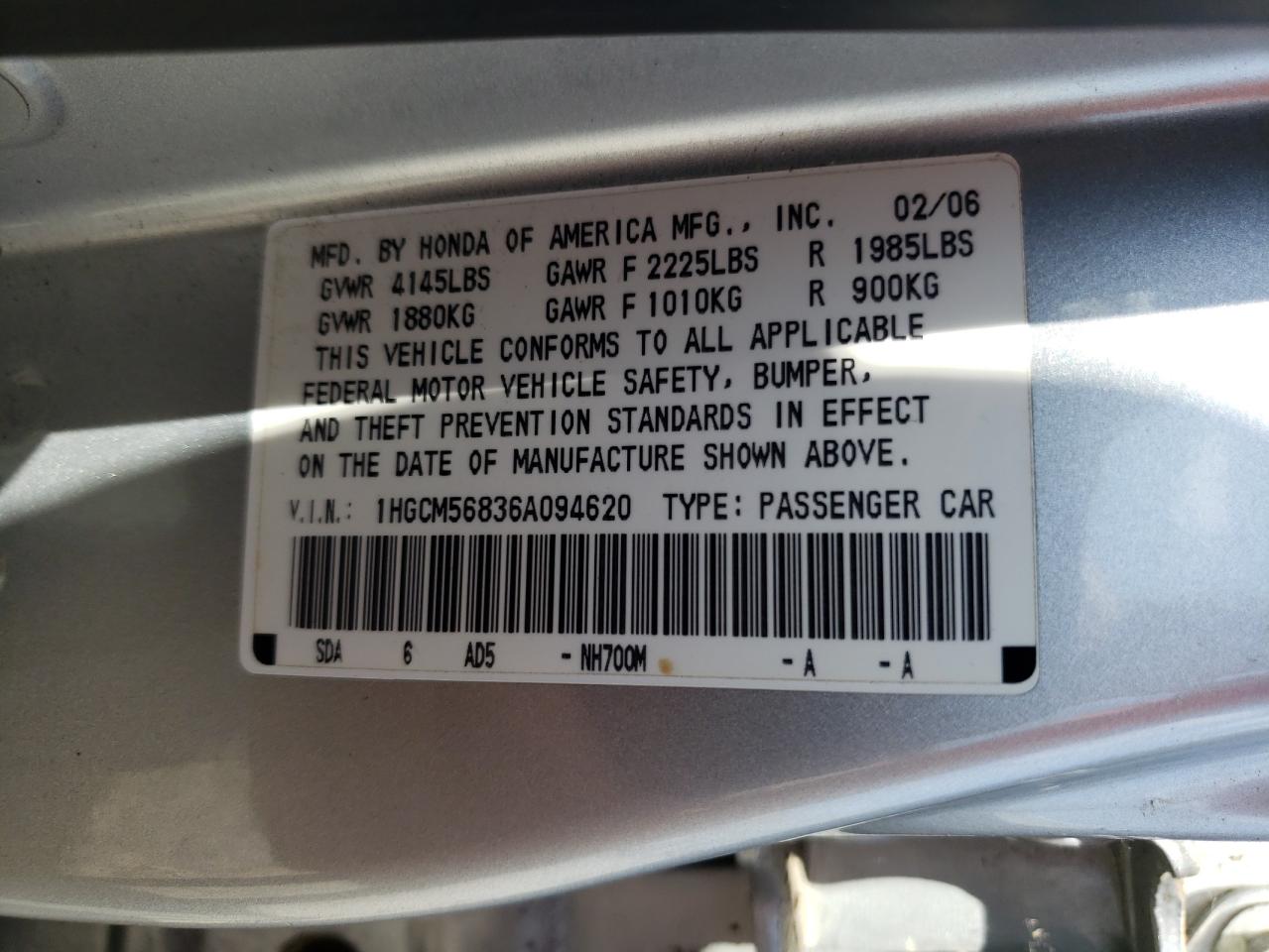 2006 Honda Accord Ex VIN: 1HGCM56836A094620 Lot: 67316484