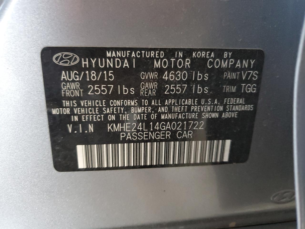 2016 Hyundai Sonata Hybrid VIN: KMHE24L14GA021722 Lot: 67164034