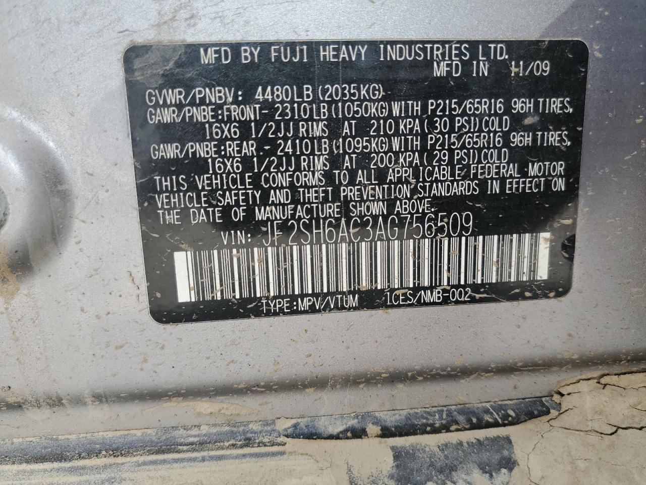 2010 Subaru Forester 2.5X VIN: JF2SH6AC3AG756509 Lot: 68835484