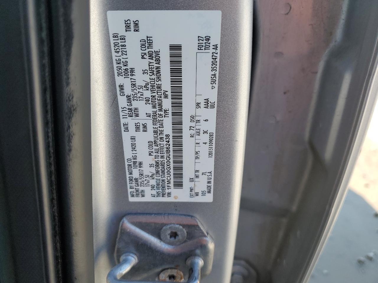 2016 Ford Escape Se VIN: 1FMCU0GX0GUB62438 Lot: 67719224