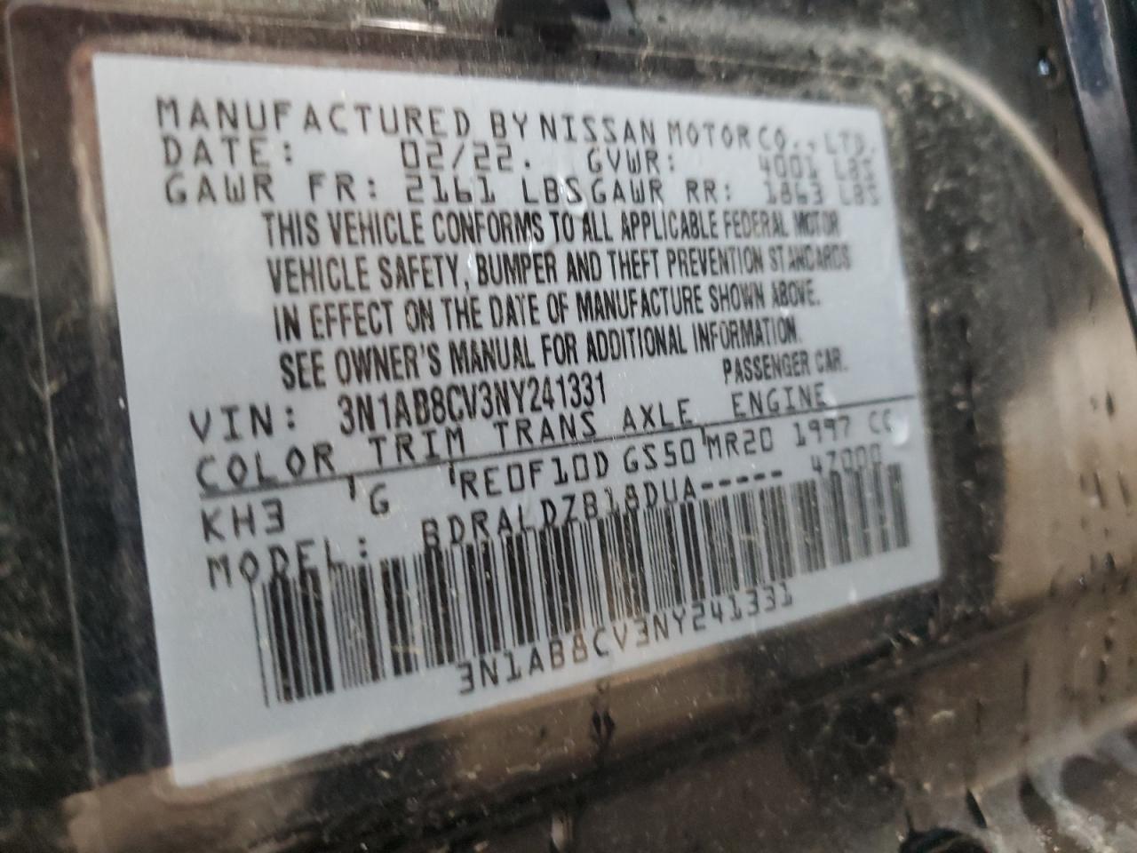 2022 Nissan Sentra Sv VIN: 3N1AB8CV3NY241331 Lot: 65814074