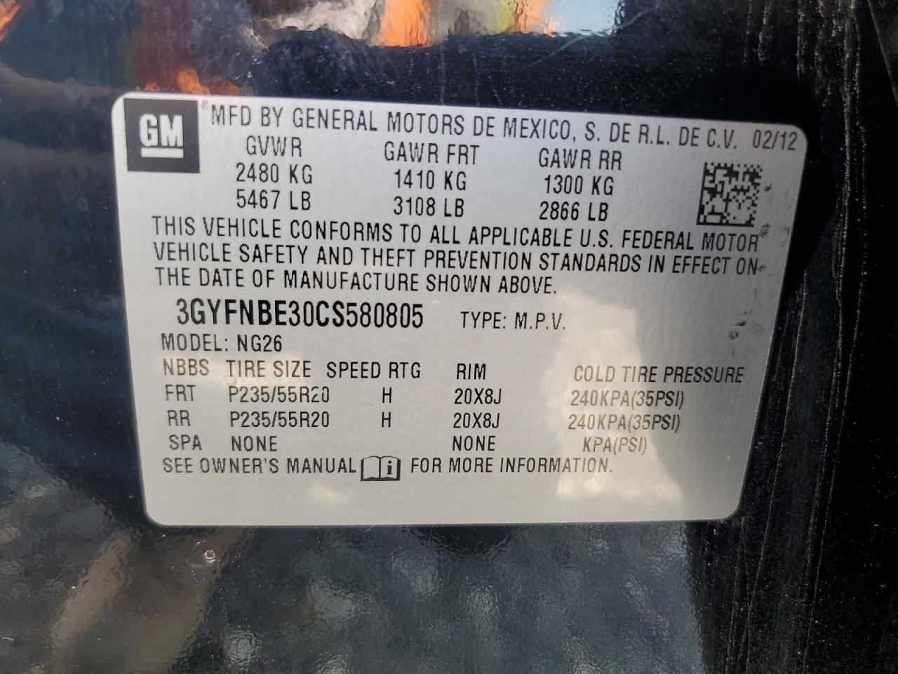 2012 Cadillac Srx Performance Collection VIN: 3GYFNBE30CS580805 Lot: 66004484