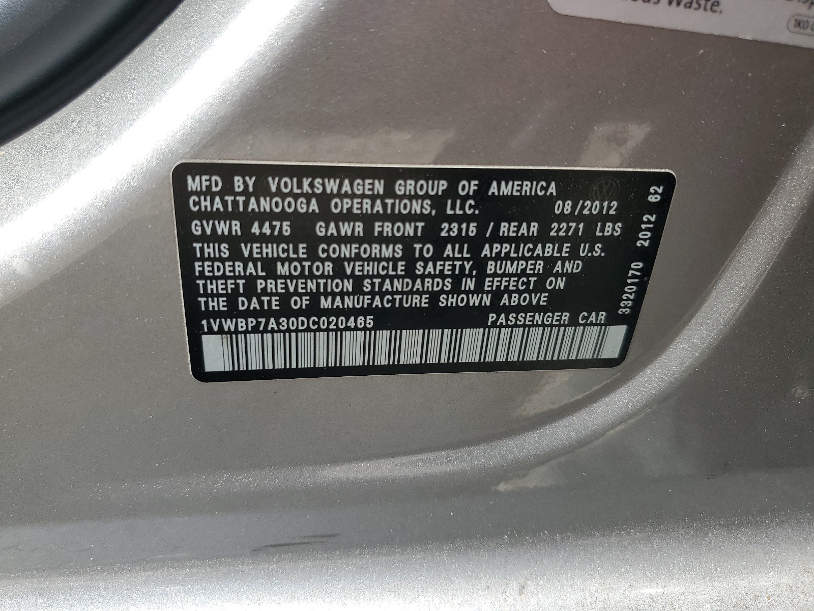 1VWBP7A30DC020465 2013 Volkswagen Passat Se