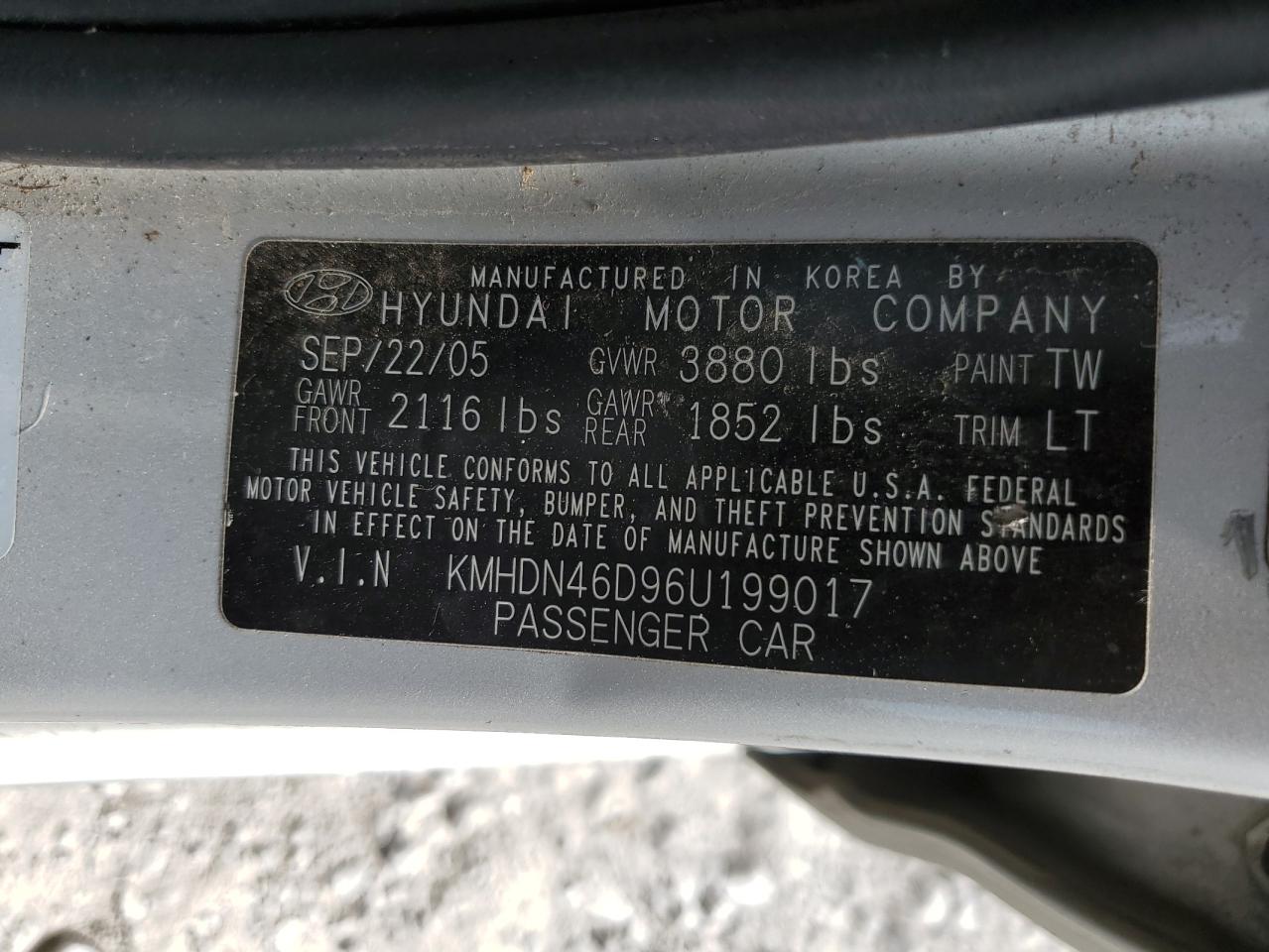 2006 Hyundai Elantra Gls VIN: KMHDN46D96U199017 Lot: 65999504