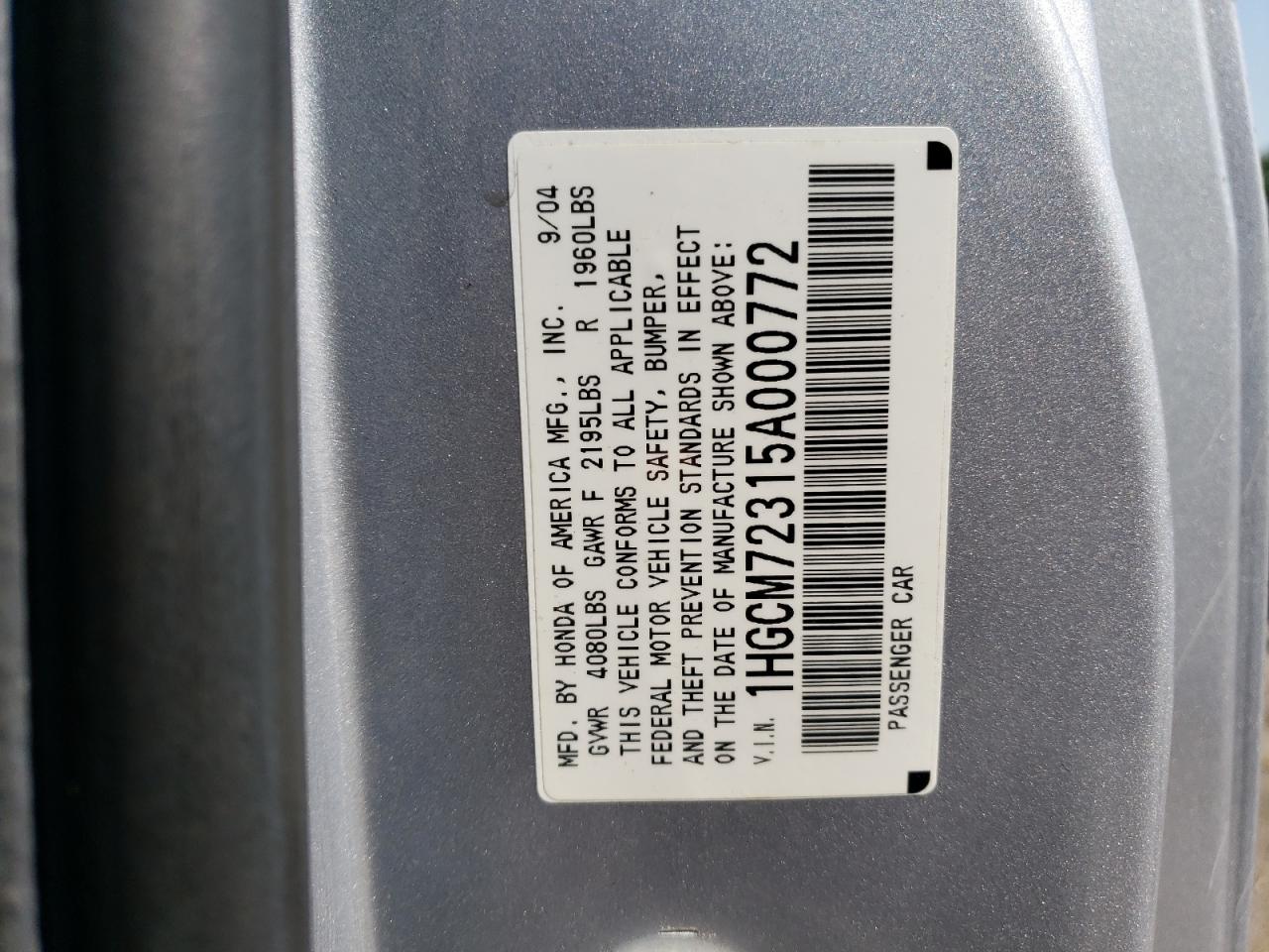 2005 Honda Accord Lx VIN: 1HGCM72315A000772 Lot: 65711564