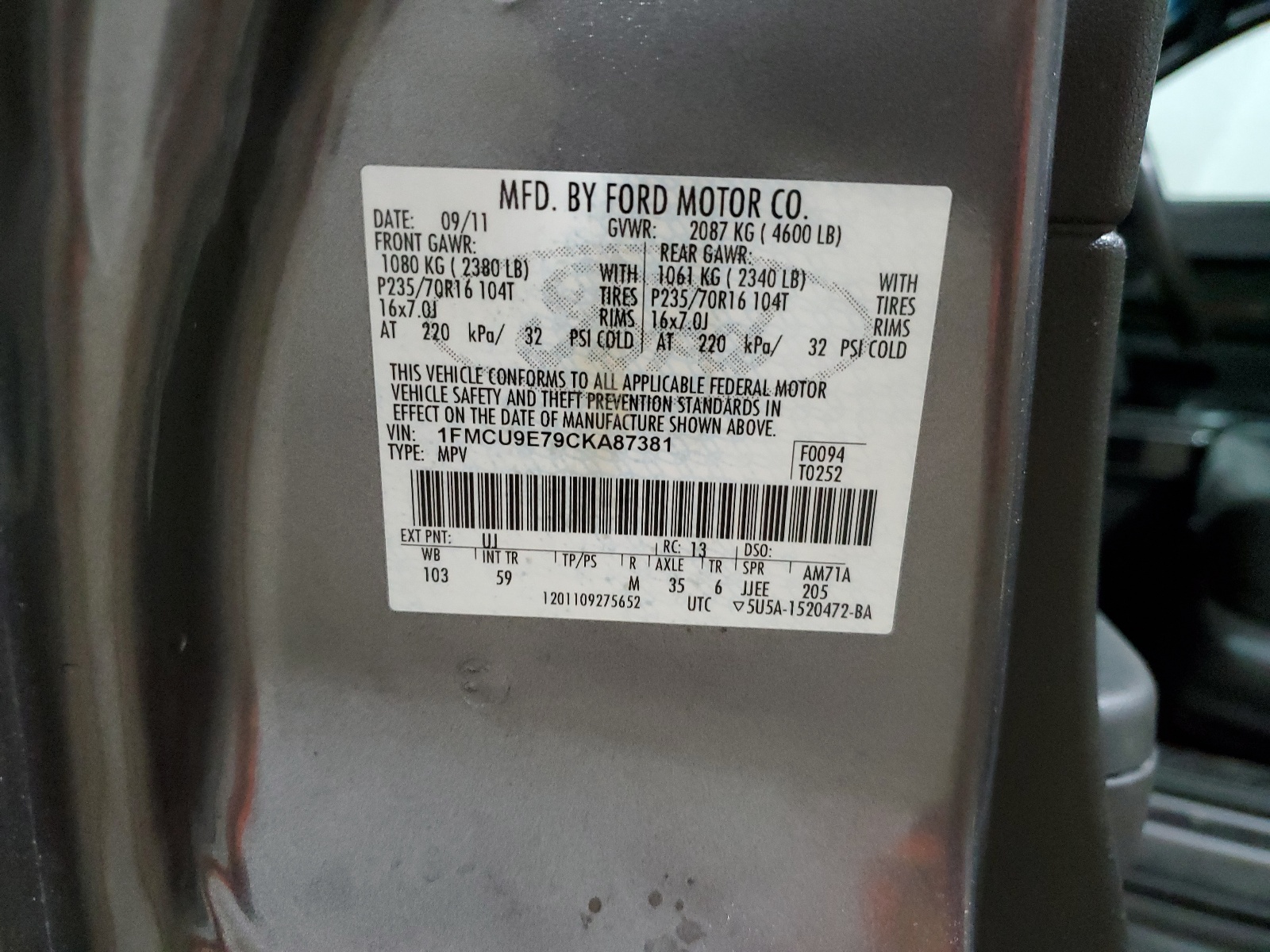 1FMCU9E79CKA87381 2012 Ford Escape Limited