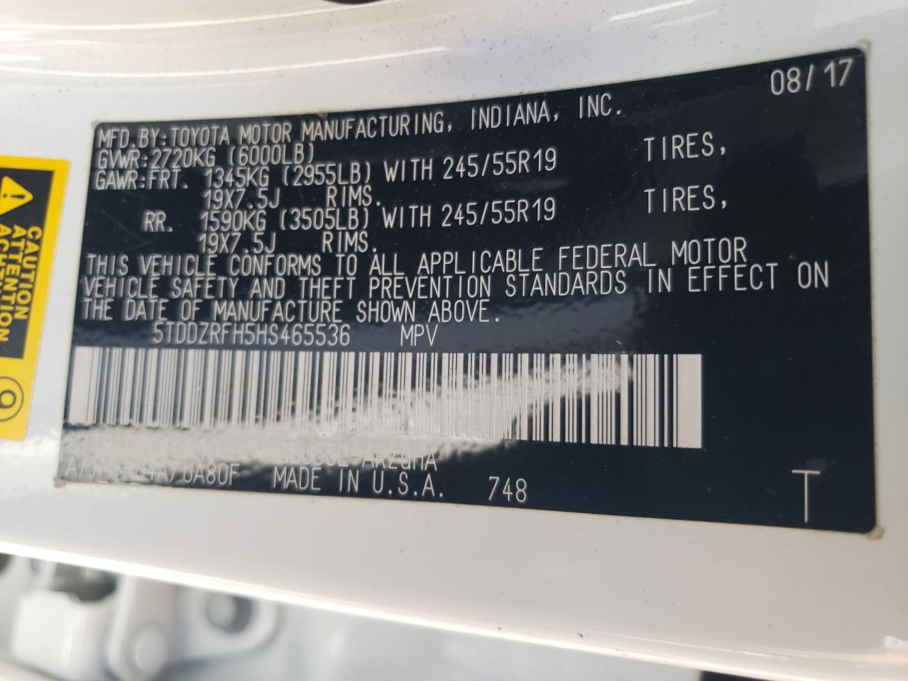 2017 Toyota Highlander Limited VIN: 5TDDZRFH5HS465536 Lot: 67703354