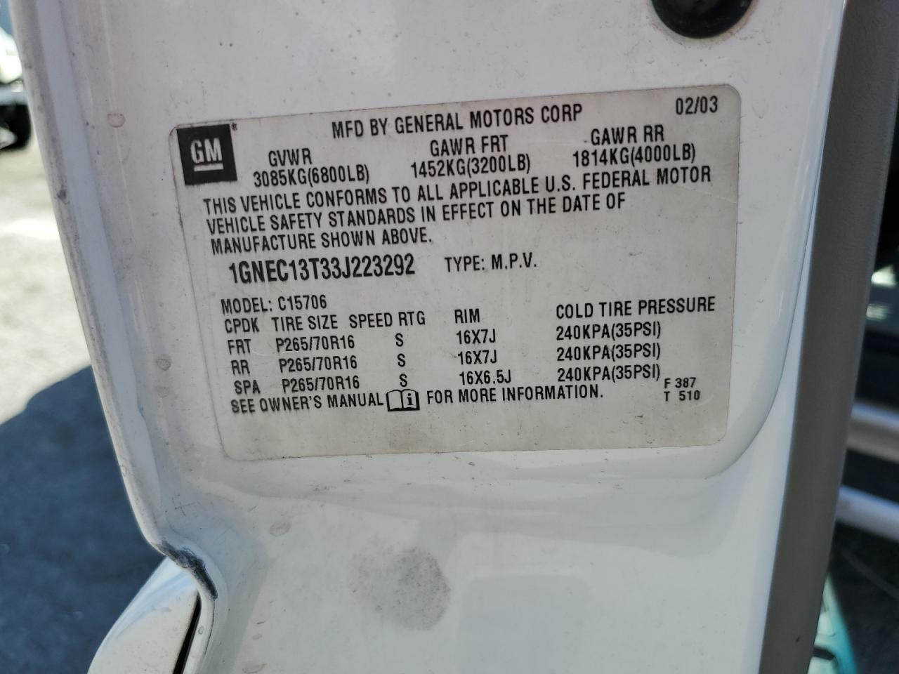 2003 Chevrolet Tahoe C1500 VIN: 1GNEC13T33J223292 Lot: 93489505