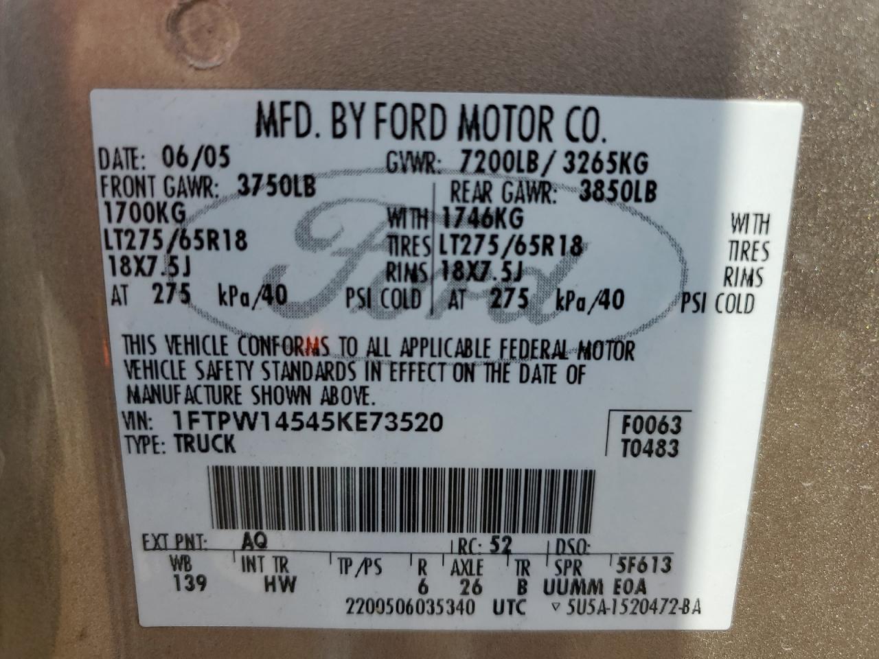 2005 Ford F150 Supercrew VIN: 1FTPW14545KE73520 Lot: 66983214