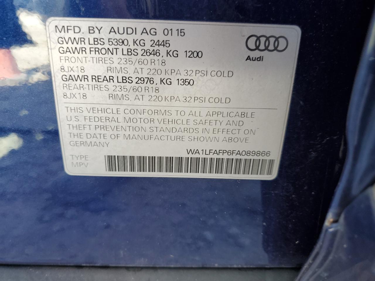 2015 Audi Q5 Premium Plus VIN: WA1LFAFP6FA089866 Lot: 67132774