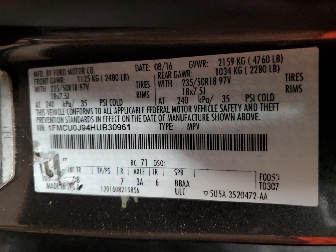 2017 Ford Escape Titanium VIN: 1FMCU0J94HUB30961 Lot: 67138634