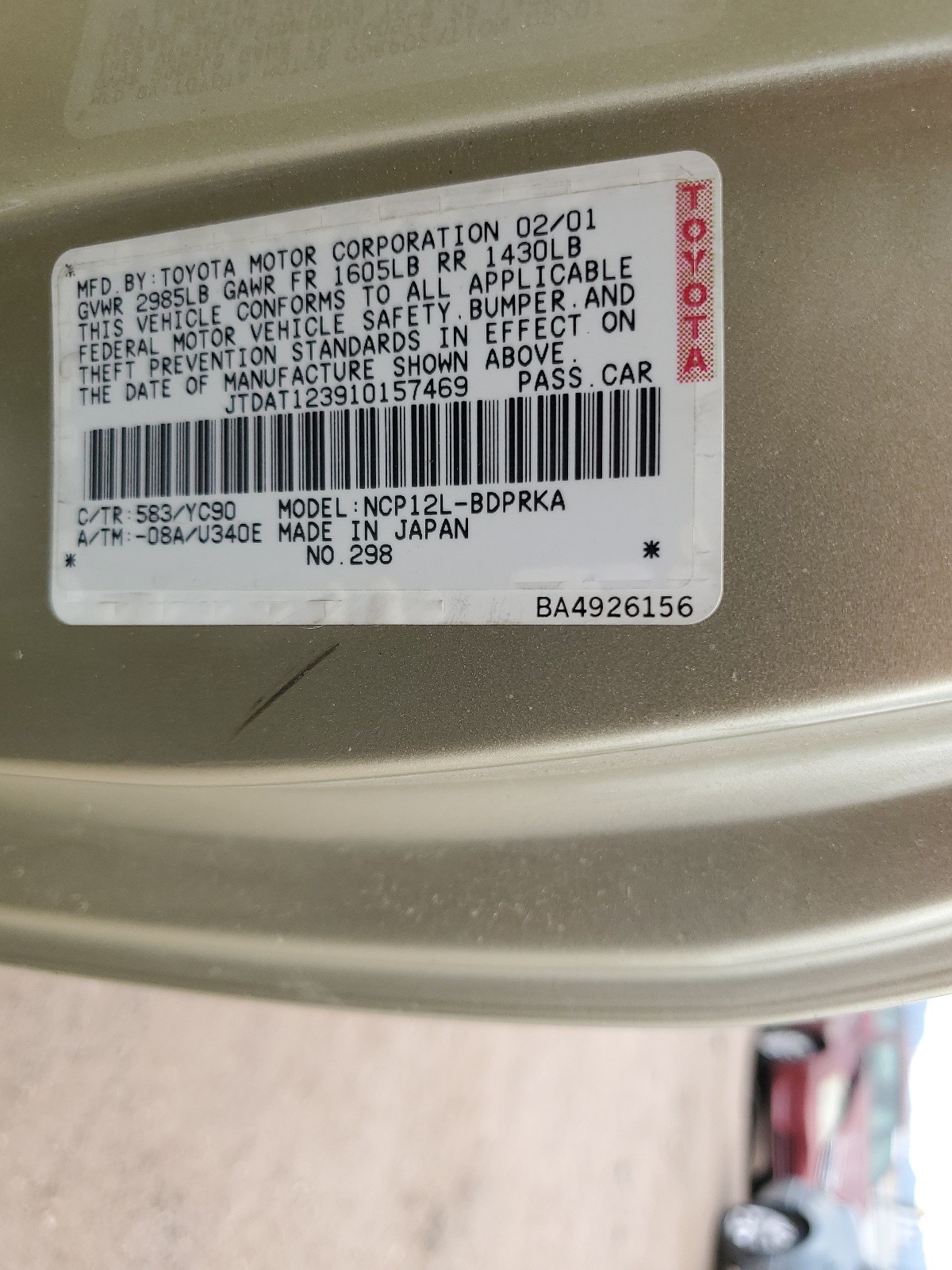 JTDAT123910157469 2001 Toyota Echo