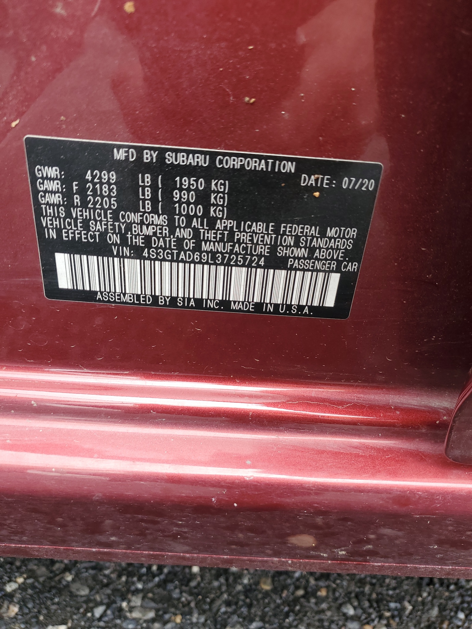 4S3GTAD69L3725724 2020 Subaru Impreza Premium