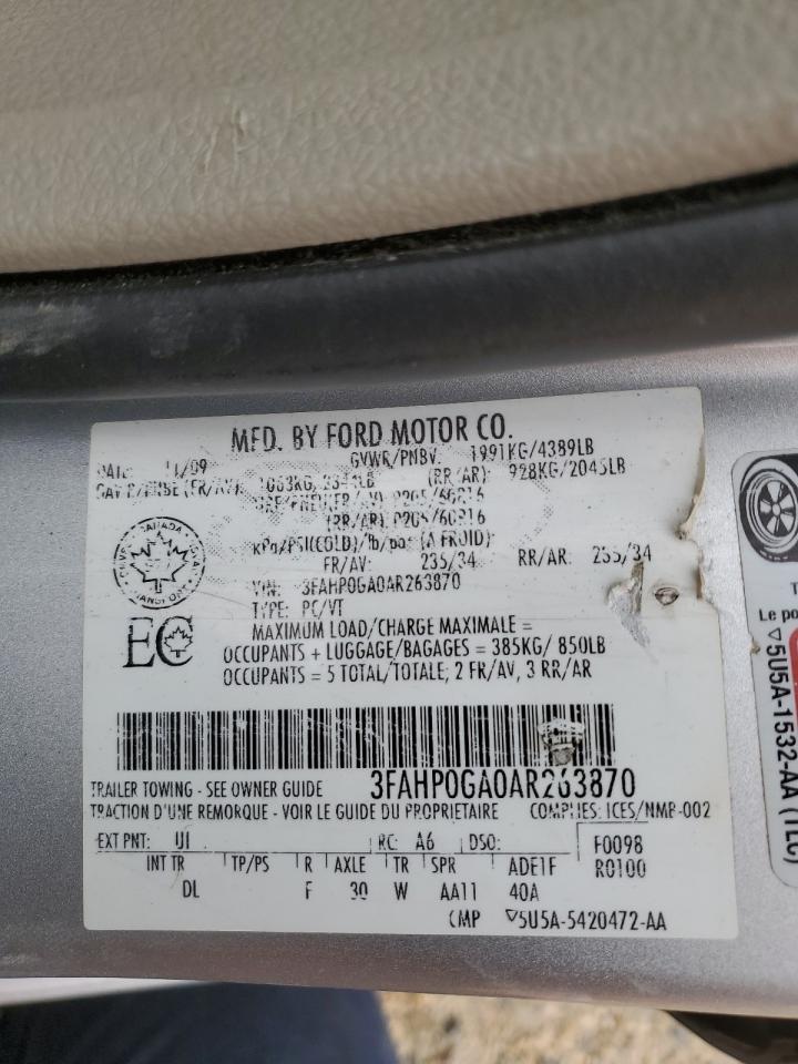 2010 Ford Fusion S VIN: 3FAHP0GA0AR263870 Lot: 69216024