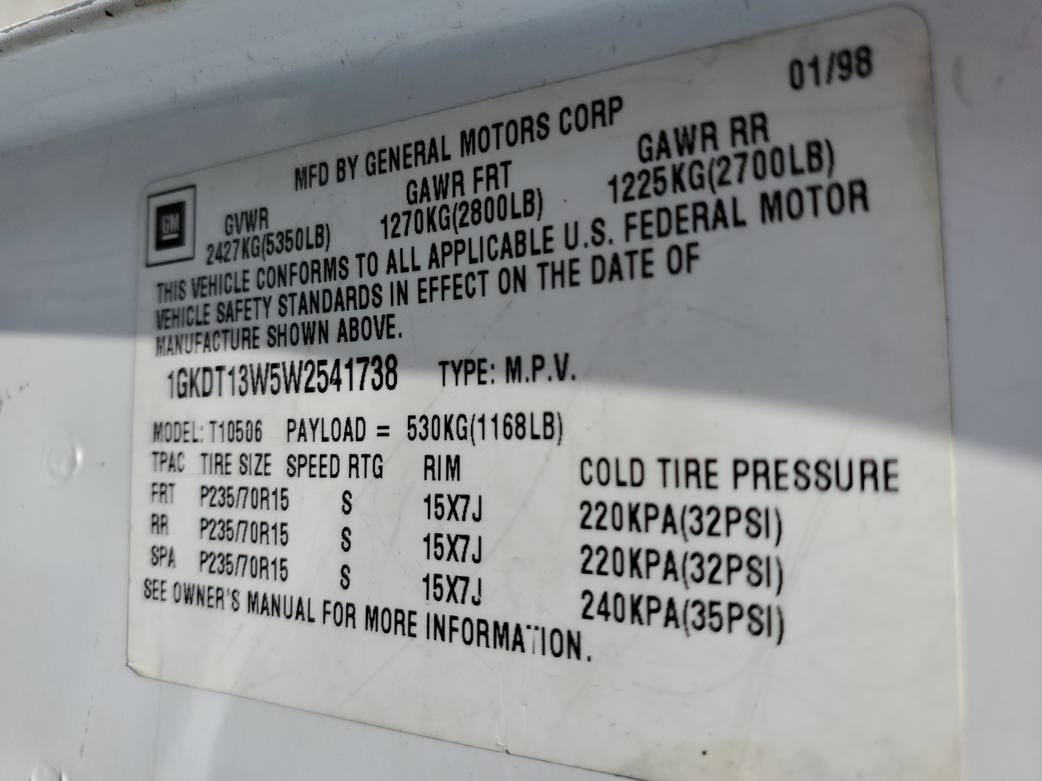 1GKDT13W5W2541738 1998 GMC Jimmy