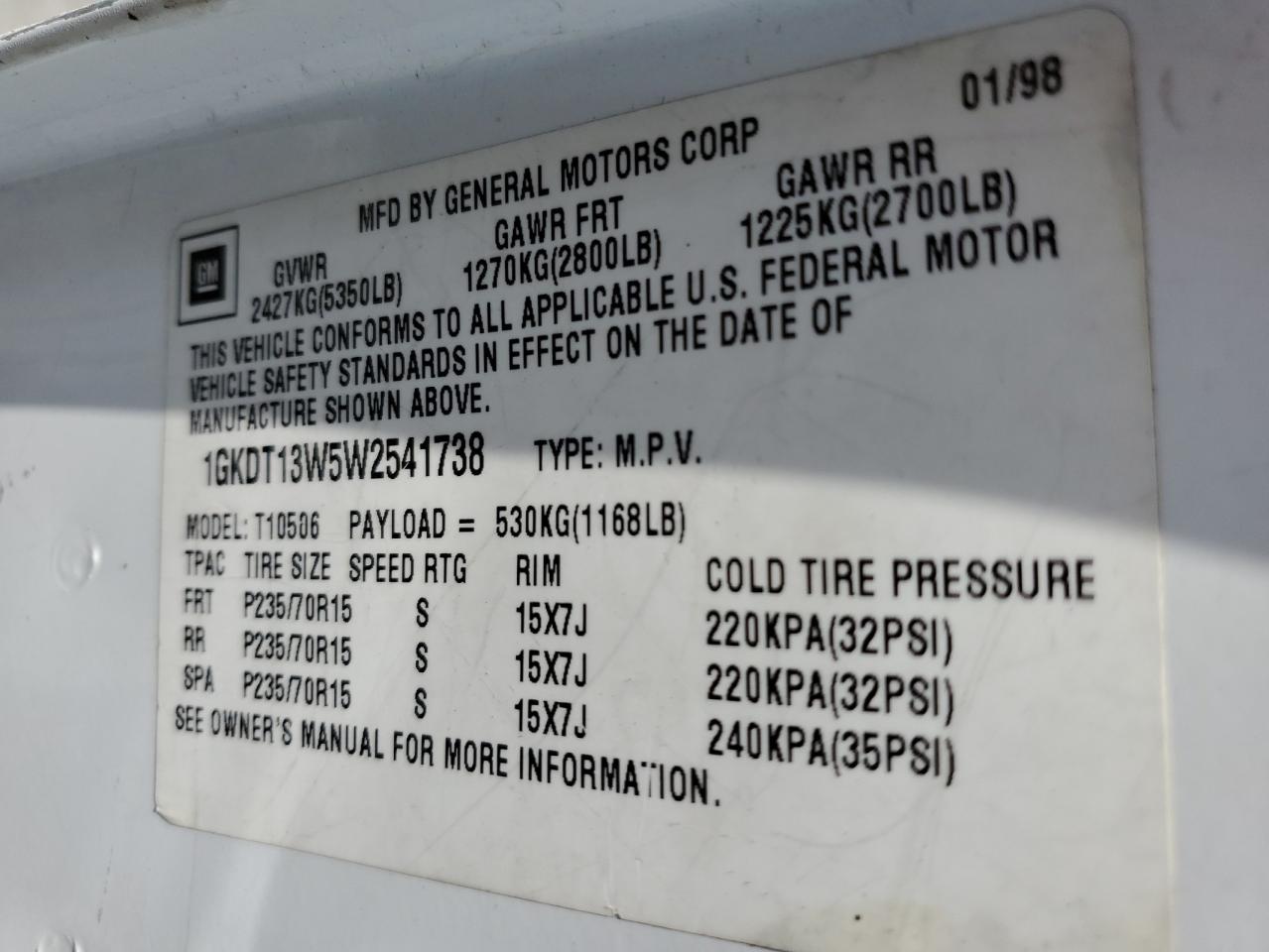 1998 GMC Jimmy VIN: 1GKDT13W5W2541738 Lot: 65466164