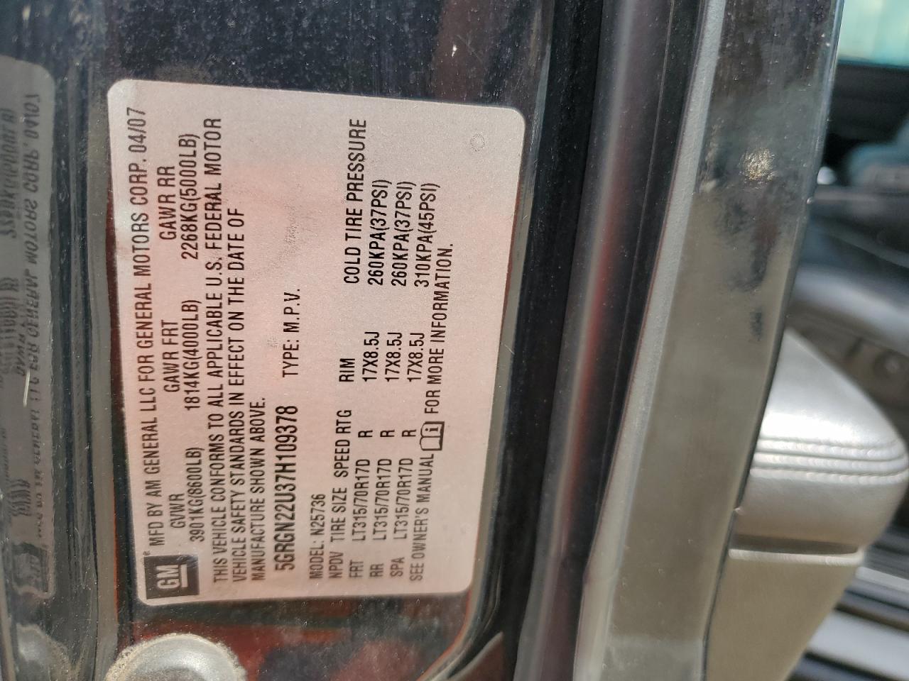 2007 Hummer H2 Sut VIN: 5GRGN22U37H109378 Lot: 65915294