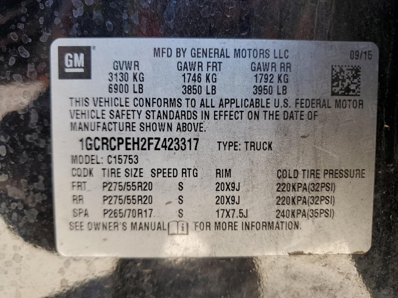 1GCRCPEH2FZ423317 2015 Chevrolet Silverado C1500