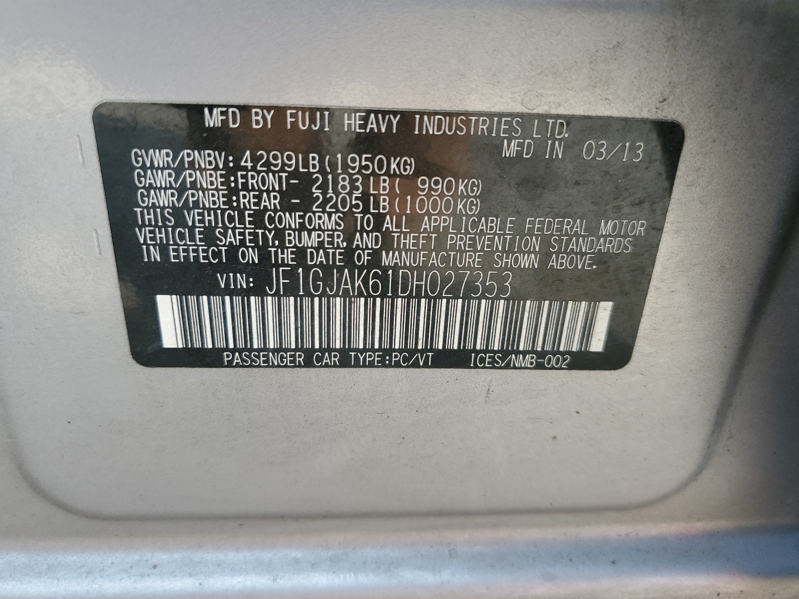 JF1GJAK61DH027353 2013 Subaru Impreza Limited